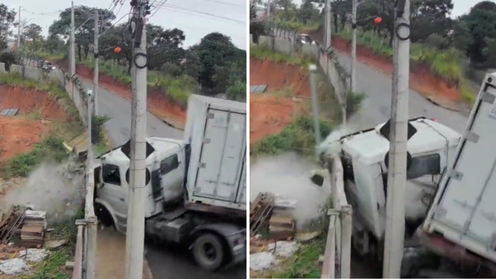 VÍDEO: Caminhão fica desgovernado em descida, destrói muro e derruba poste em São José dos Campos