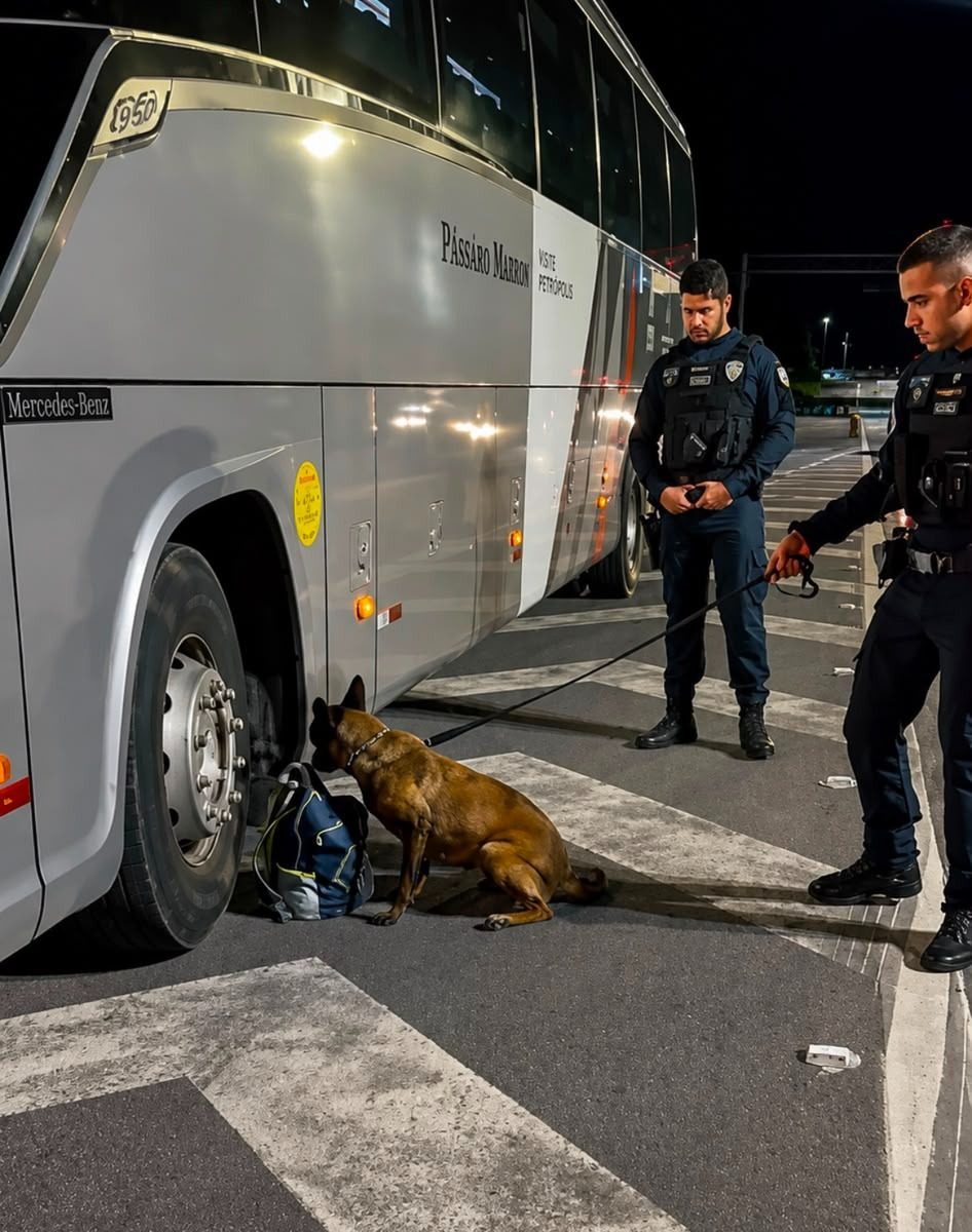 Cadela farejadora ajuda polícia a flagrar passageiro com drogas em ônibus na Rodovia dos Tamoios
