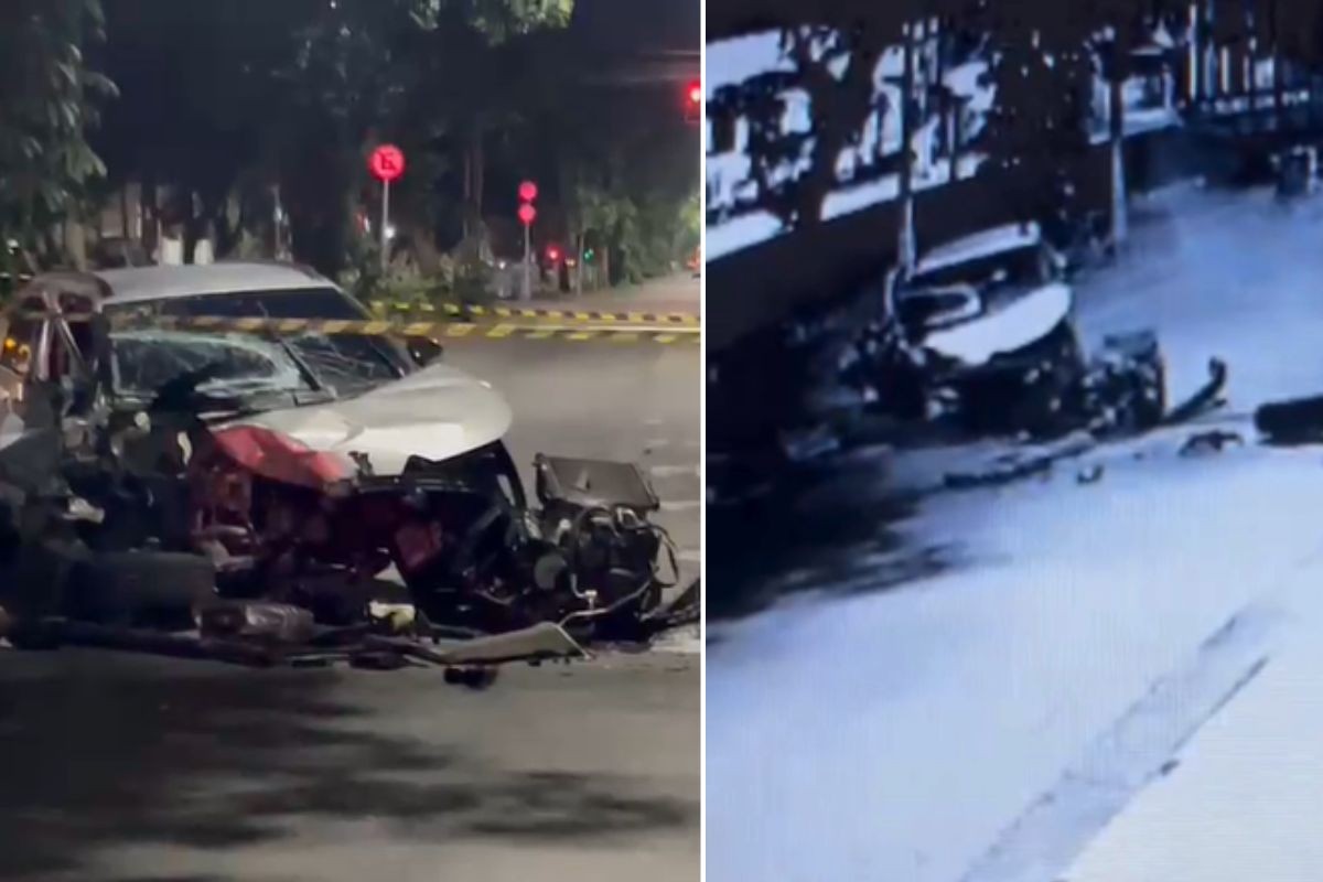 Motorista bate em poste e abandona carro destruído com vazamento de óleo; VEJA