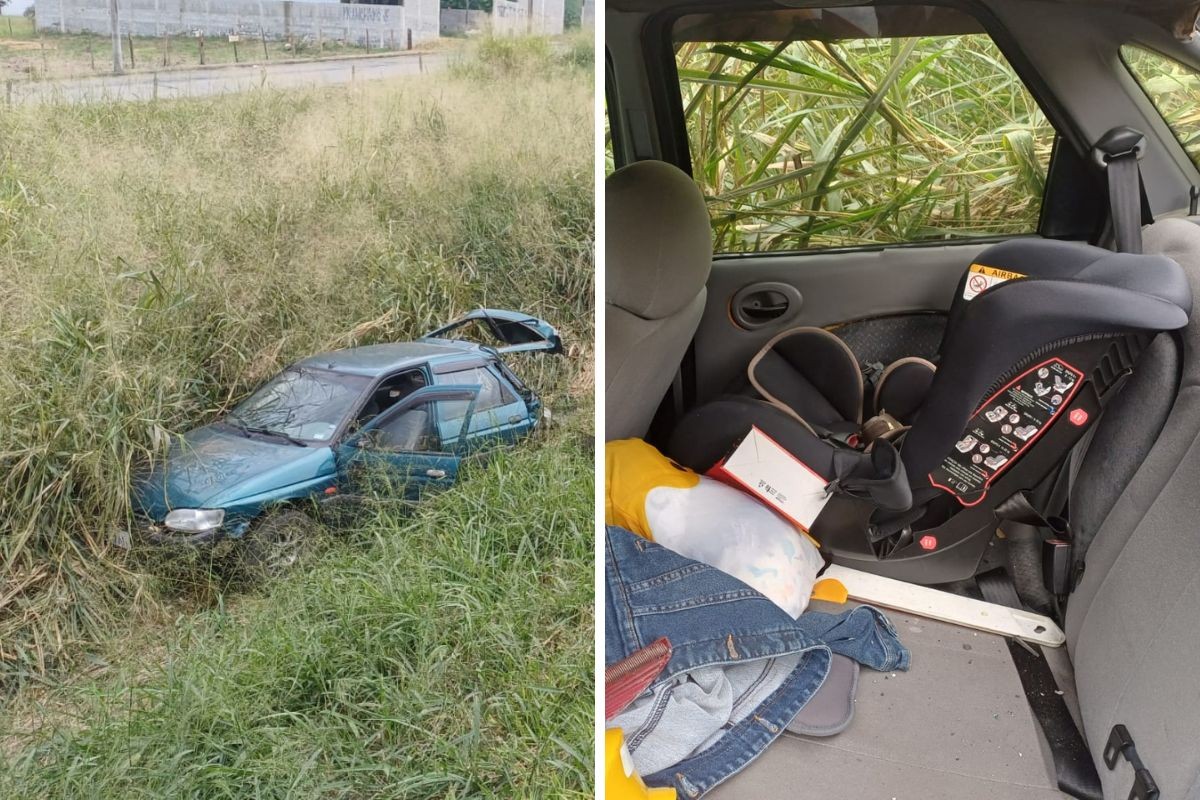 Bebê de 1 ano e meio que estava em cadeirinha escapa sem ferimentos após carro cair em barranco na Dutra