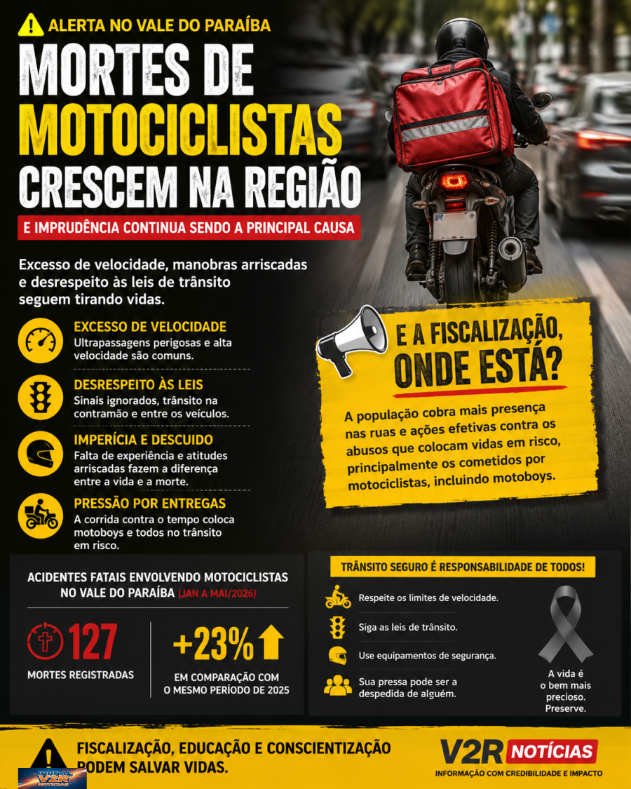Alerta nas ruas: número de mortes de motociclistas preocupa e reacende debate sobre imprudência e fiscalização no Vale do Paraíba e Litoral Norte