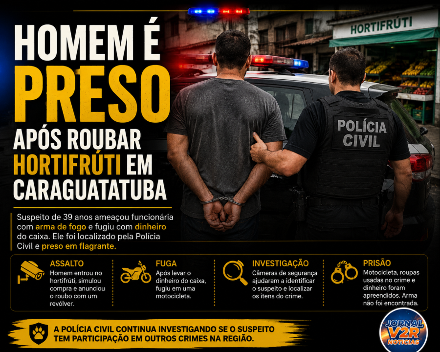 Homem é preso após assaltar hortifrúti com arma de fogo em Caraguatatuba