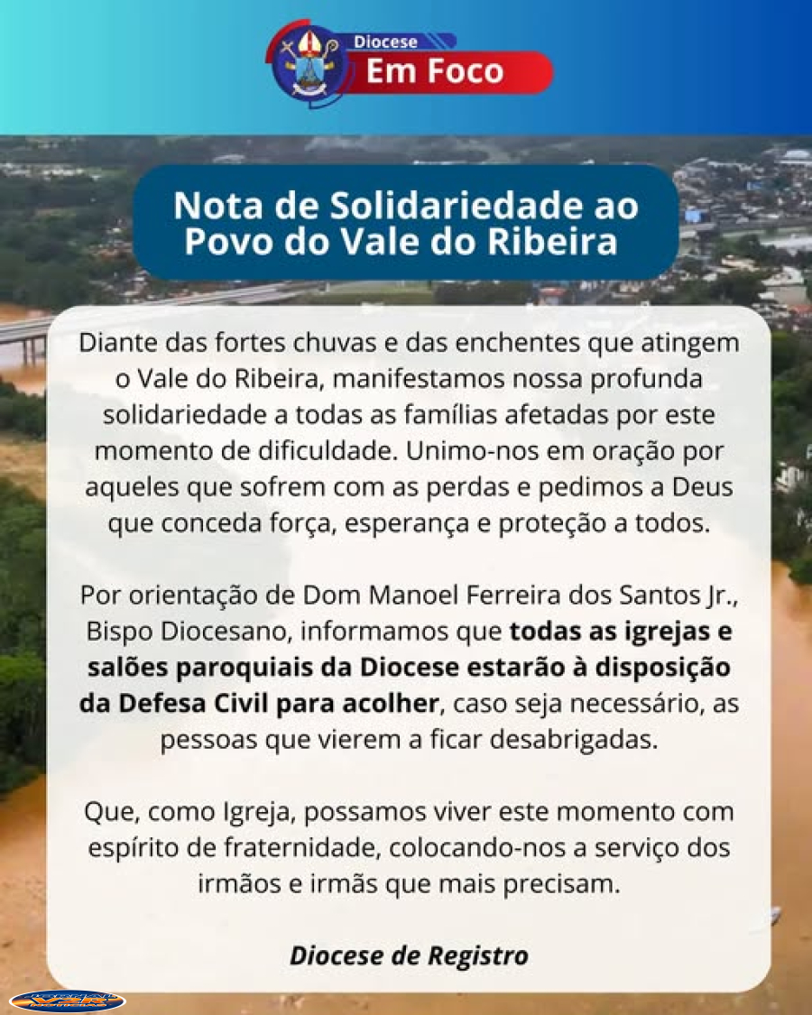 Diocese de Registro oferece igrejas e salões paroquiais para acolher vítimas das enchentes