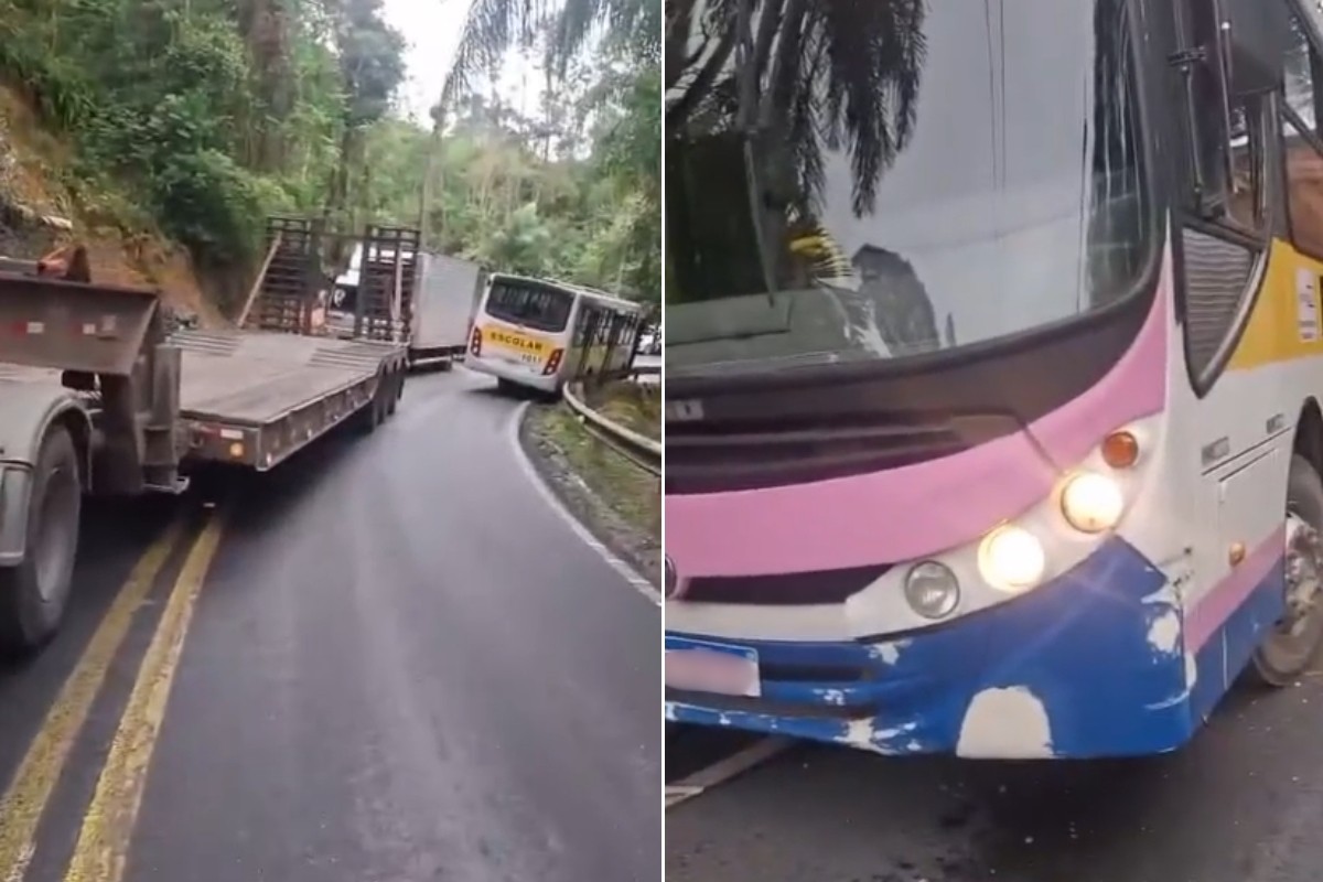Carreta do Exército invade contramão e bate em ônibus escolar em SP; VÍDEO