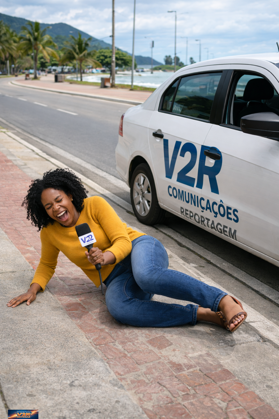 O dia em que o chão venceu a pressa: repórter escorrega ao sair do carro e vira estrela da própria reportagem