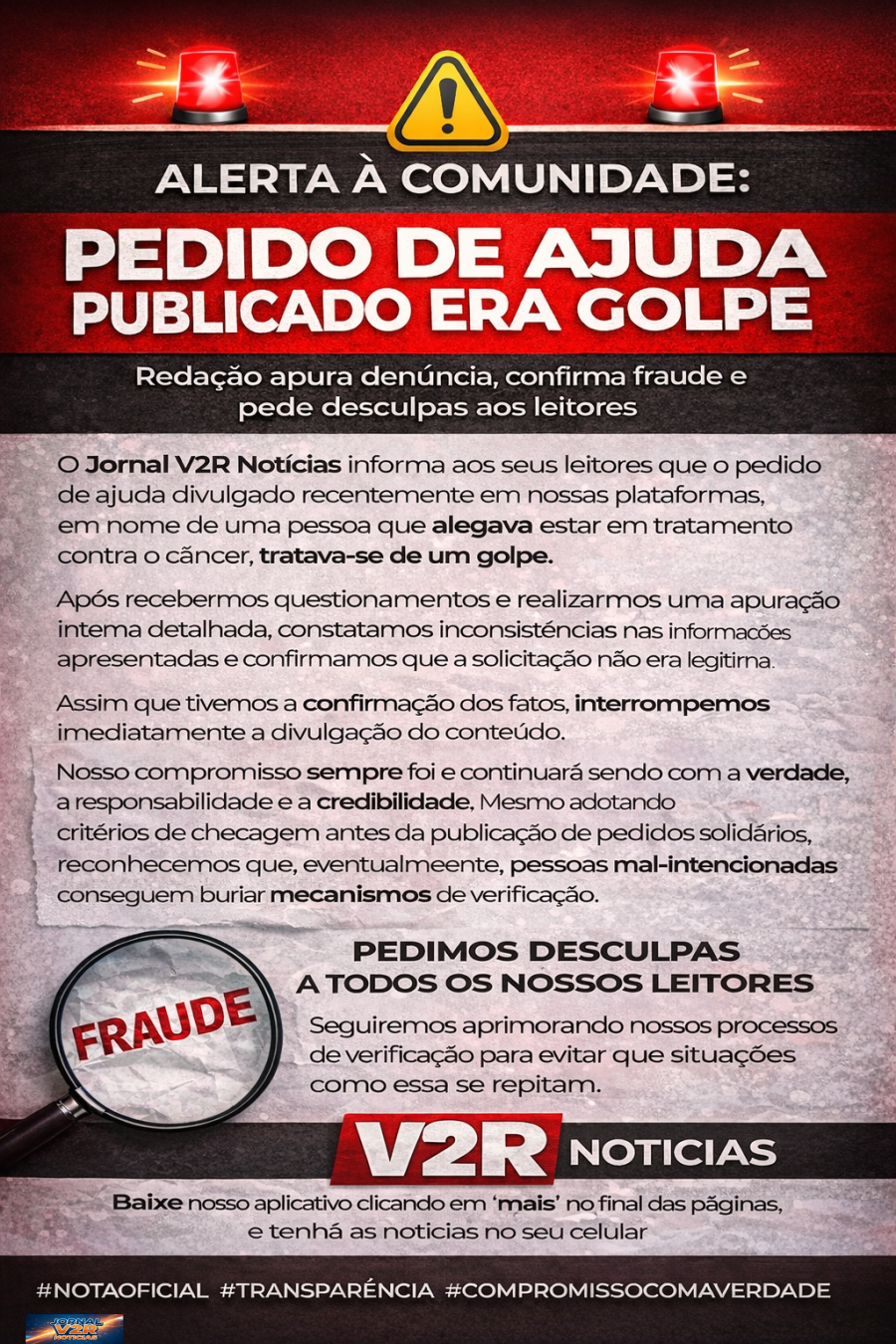 ALERTA À COMUNIDADE: PEDIDO DE AJUDA PUBLICADO ERA GOLPE