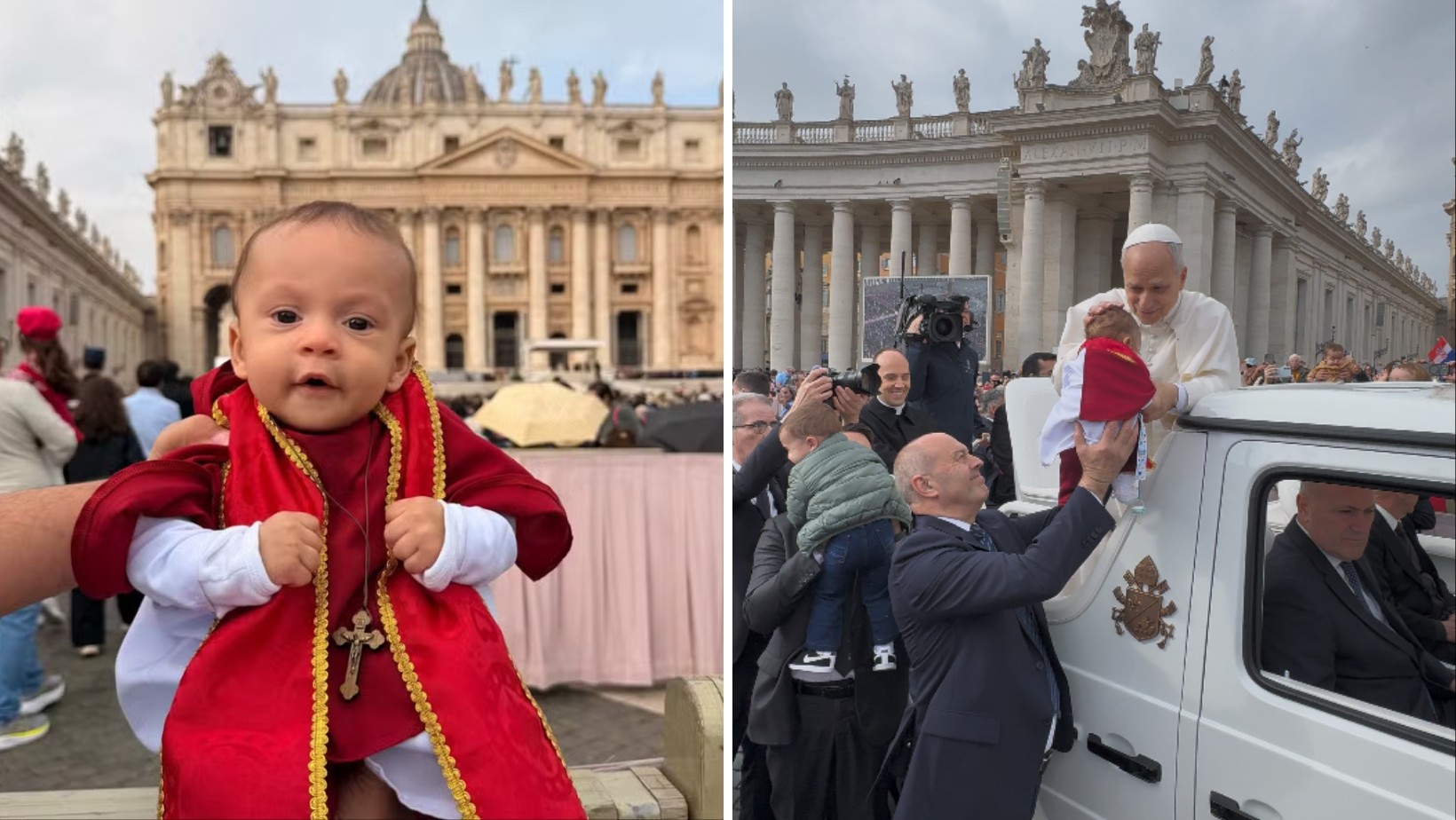 VÍDEO: vestido de papa, bebê brasileiro recebe bênção de Leão XIV no Vaticano