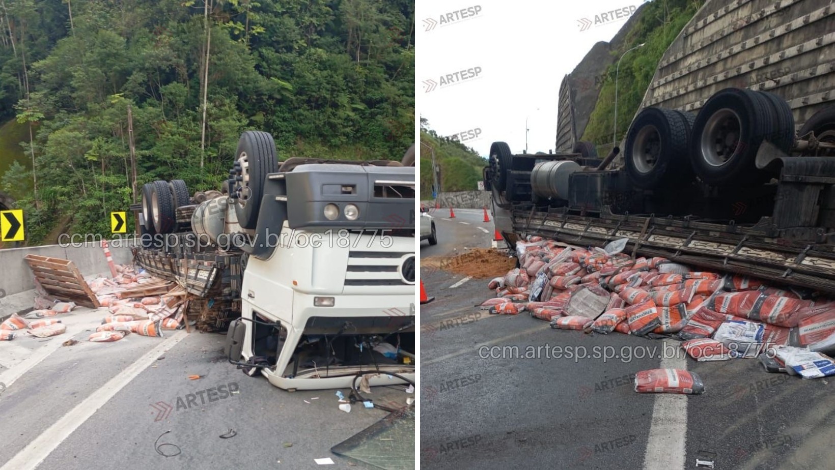 Caminhão perde o freio, tomba e derruba carga de argamassa na Tamoios