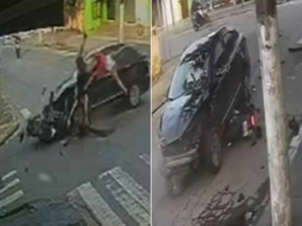 Dupla é arremessada após moto se chocar com carro no litoral de SP; VÍDEO